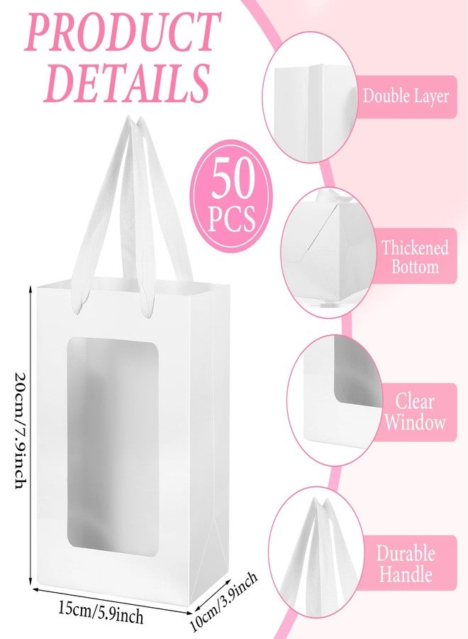 Tobeelec 50 Pcs Paper Gift Bag with Transparent Window, 7.9 x 5.9 x 3.9 Inch White Paper Gift Bags with Handles for Bridal Christmas Mothering Birthday Shower Festivals Party Supplies (White) - Image 3